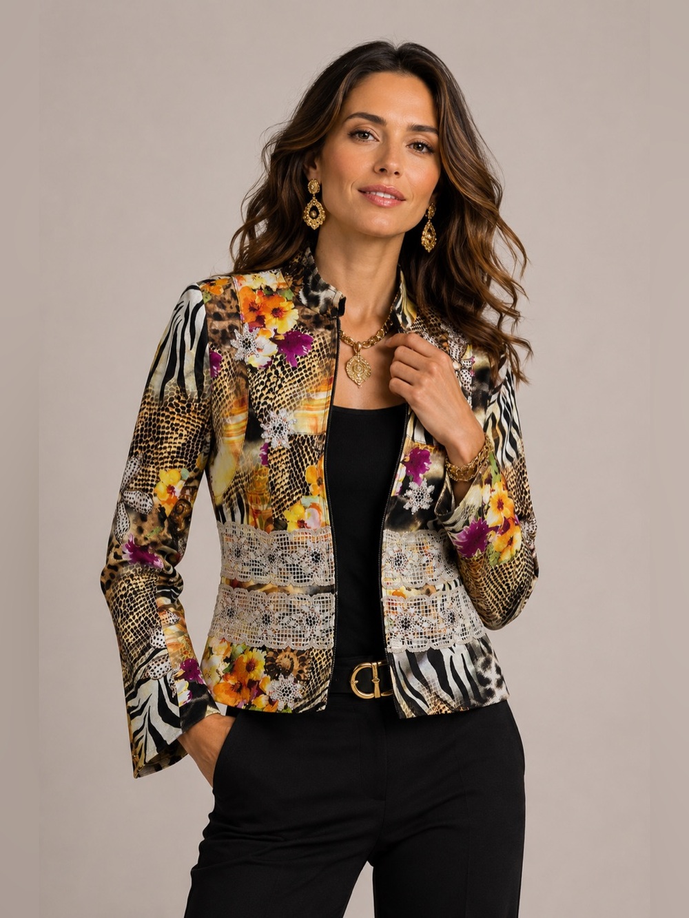 Alberto Makali Animal Print Floral Embellished Lace Zip Jacket Size 4